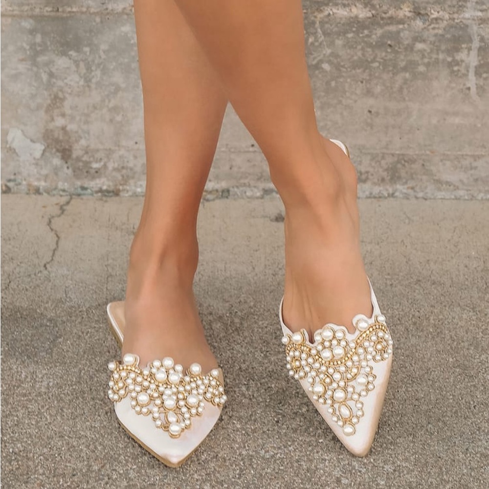Flora Ivory Satin Pearl Embroidered Pointed-Toe Flats